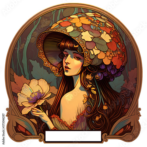 Alphonse Mucha Style Woman Illustration, Mushroom esque, Generative AI, Transparent Background photo