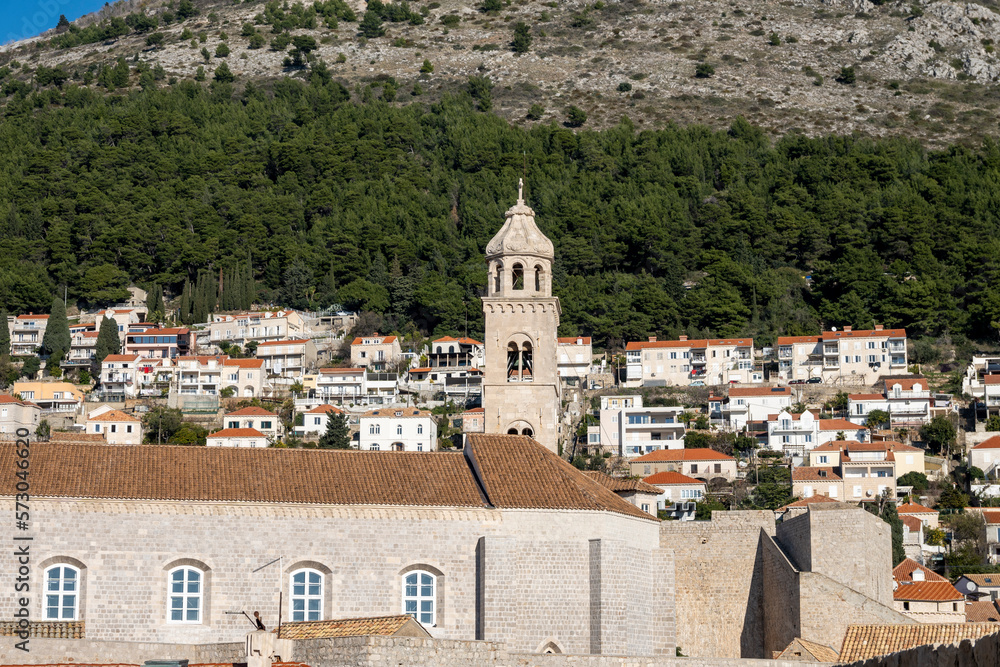 Rosary Church of the Dominican Monastery, Dubrovnik, rising above red rooftops and city port