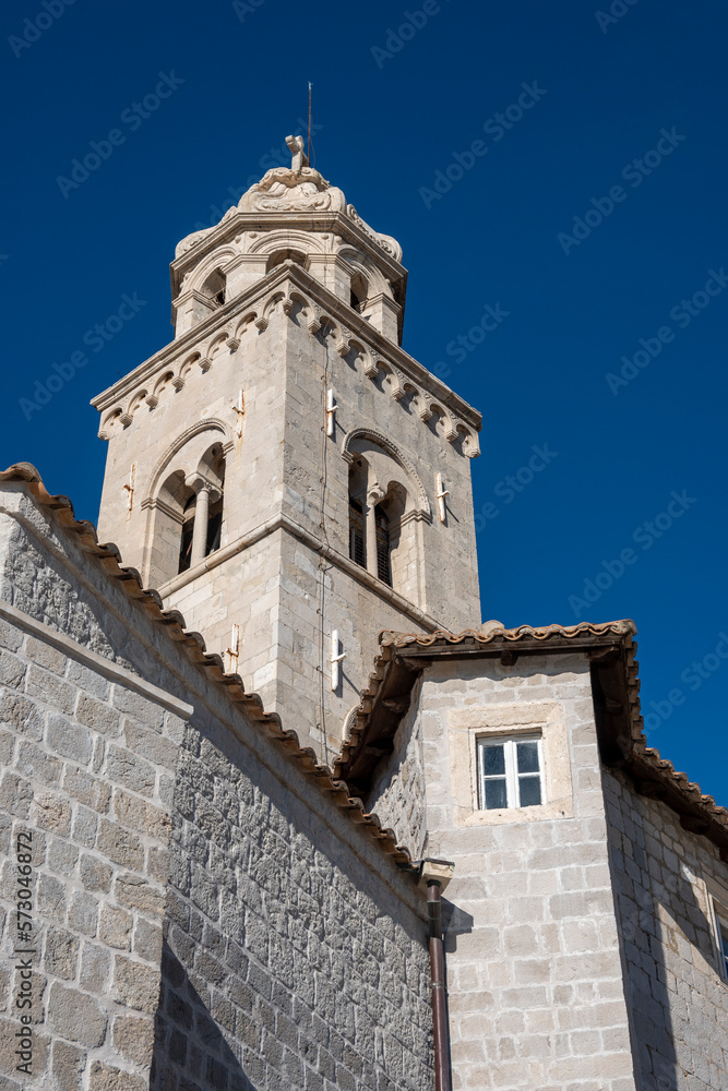 Beautiful Dubrovnik city church tower, made entirely in white stone