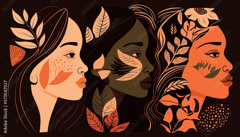 Generative AI Female diverse faces of different ethnicity poster. Women empowerment movement pattern. International women´s day Generative AI Female diverse faces of different ethnicity poster. Women empowerment movement pattern. International women´s day