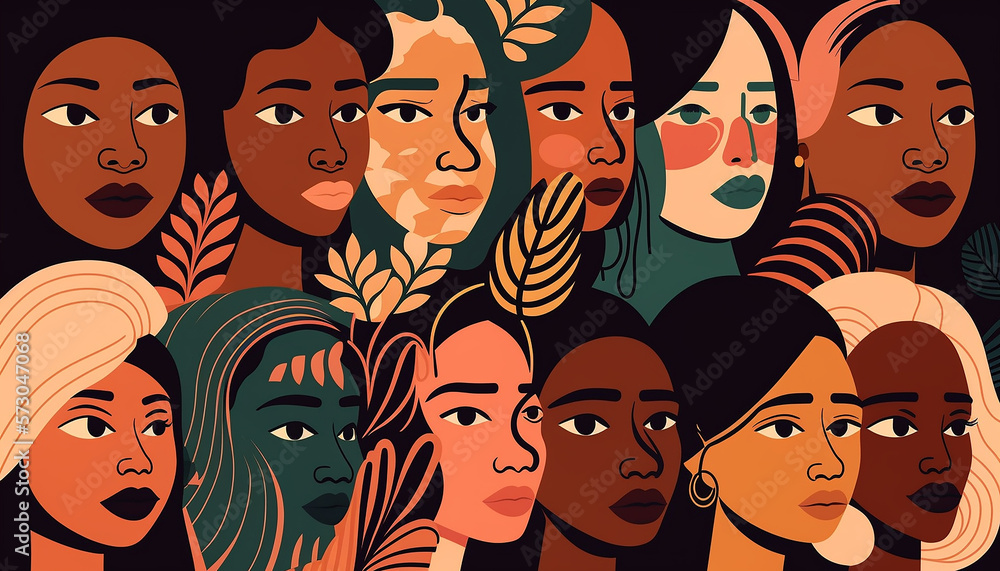 Generative AI Female diverse faces of different ethnicity poster. Women empowerment movement pattern. International women´s day Generative AI Female diverse faces of different ethnicity poster. Women empowerment movement pattern. International women´s day