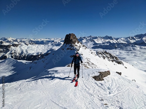 Ski tour with a view of the Spitzmeilen mountain in St. Gallen and Glarus. Ski mountaineering in the Swiss Alps. Skitour. High quality photo