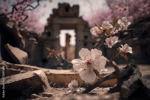 cherry blossom surrounded by ruins