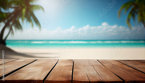 Empty wooden table top product display showcase stage with tropical summer beach background. Generative ai