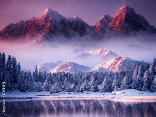 A still lake below a snow covered pine forest. Above mountain peaks are lit up by a red sky. Generative AI. © Tori