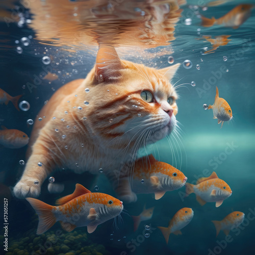 A ginger cat swimming underwater and hunting for fish in a fish pond. Created with Generative AI.