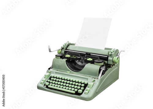 Old green manual typewriter isolated with cut out background.