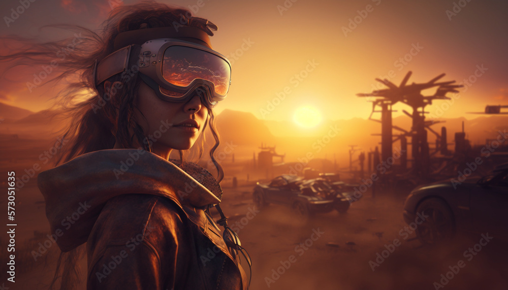 Girl wearing VR glasses post apocalypse after nuclear war sunset background