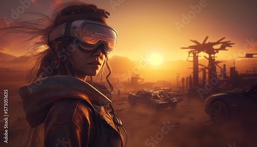 Girl wearing VR glasses post apocalypse after nuclear war sunset background