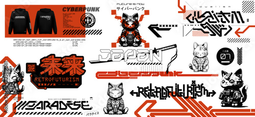 Futuristic cyberpunk t-shirt, merch, streetwear design. Cyber Maneki-neko, japanese symbols and digital lettering. Streetwear graphic. Translation from Japanese - paradise, cyberpunk, future is now photo