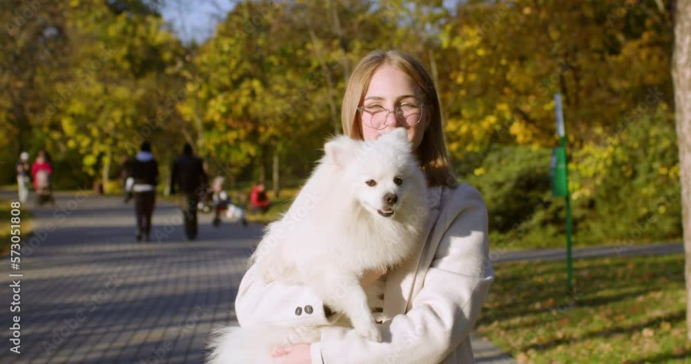 A beautiful girl in glasses holds a white dog in her arms while standing in the park A beautiful girl in glasses holds a white dog in her arms while standing in the park