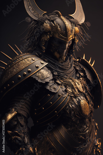 Black and gold samurai with glowing eyes looking like a villain isolated on a dark black background, samurai revenge