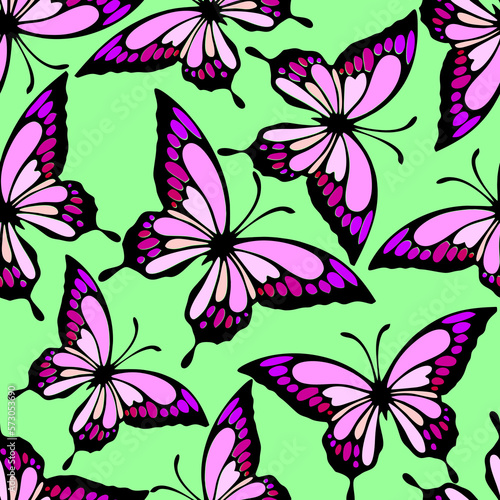 seamless pattern of bright colored butterflies on a green background  texture  design