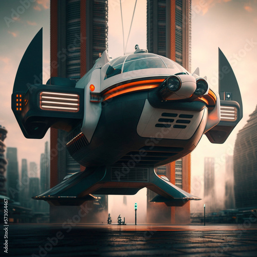 A personal flying transportation vehicle in a futuristic city - Generted by generative AI photo