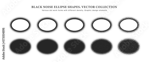 Various Density Of Black Noise Vector Hand Drawn Dotwork Stipple Ellipse Abstract Blur Shapes Set Isolated On White Background. Different Variations Of Textured Dotted Oval Design Elements Collection