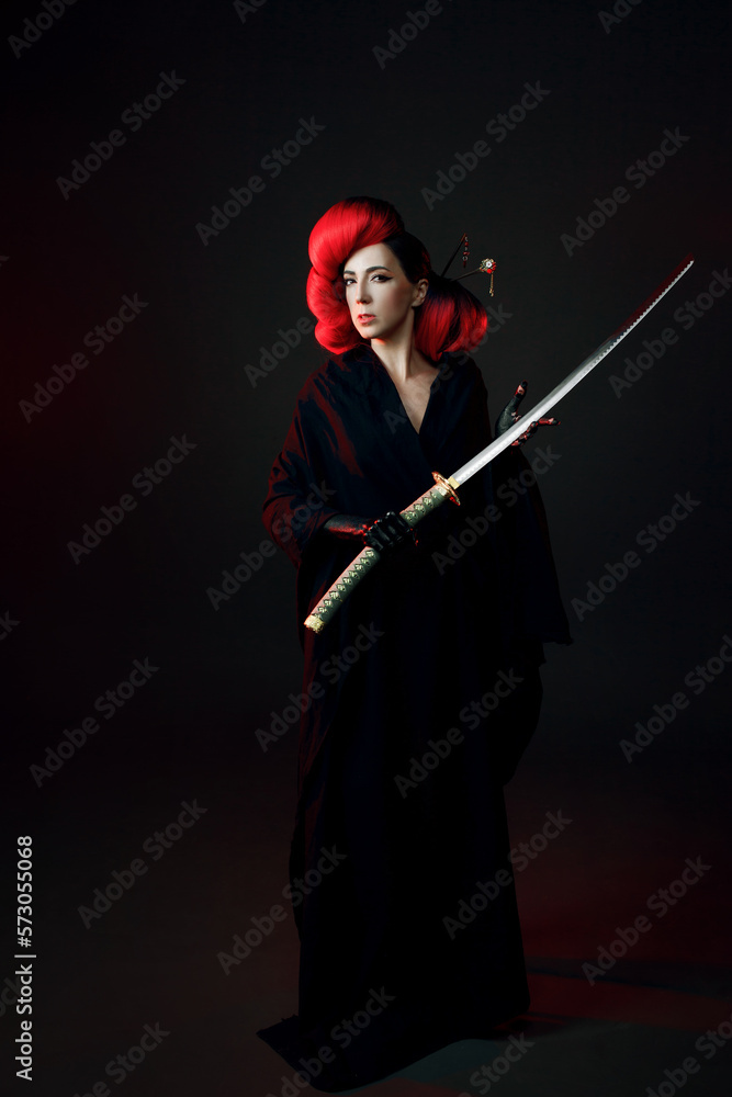 fighting geisha in a black kimono with a katana. young multiethnic woman in a bright Asian costume. voluminous hairstyle with scarlet hair and decorative hairpins fighting geisha in a black kimono with a katana. young multiethnic woman in a bright Asian costume. voluminous hairstyle with scarlet hair and decorative hairpins