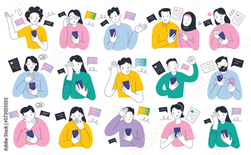 Fototapeta Naklejka Na Ścianę i Meble -  People reading news using smartphone app with various facial expressions, feeling angry, happy or frustrated, doomscrolling on social media, reaction, comment, collection of flat vector illustrations