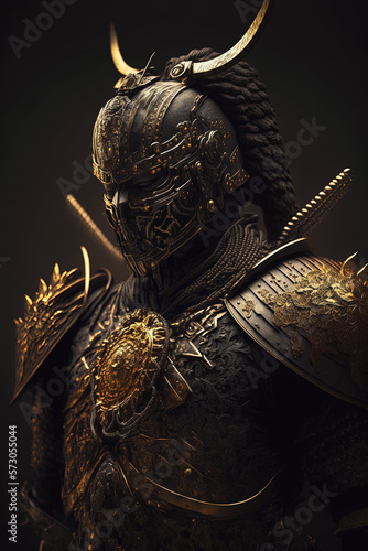 Black and gold samurai with glowing eyes looking like a villain isolated on a dark black background, samurai revenge