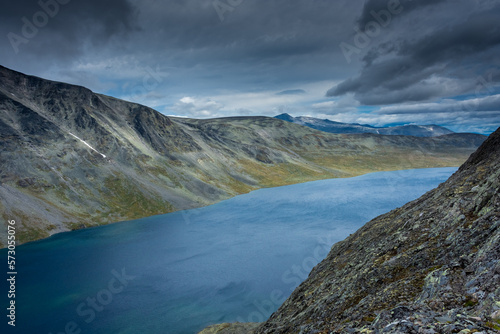 Wild landscape of the Bessvatnet Lake from the Besseggen Ridge, Norway