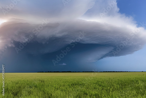 Natural Disasters, tornados, threatening dark tornado forming cloud over grassland, created with Generative AI technology