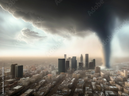 Natural Disasters, tornados, aerial view of dark funnel of a tornado over city center, created with Generative AI technology © Snap2Art