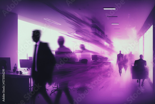 abstract office interior shrouded in a purple haze, with blurred figures moving about in the background., generative ai