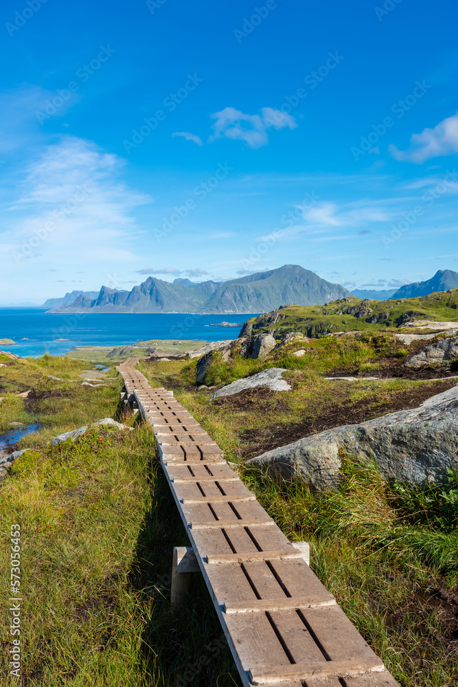 Hiking trail of Mount Ryten to go to Kvalvika Beach in the Lofoten Islands,  Norway