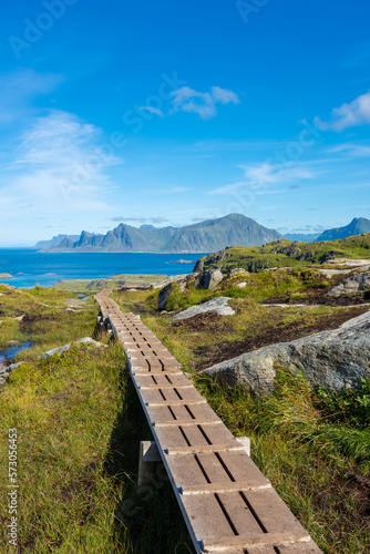 Hiking trail of Mount Ryten to go to Kvalvika Beach in the Lofoten Islands   Norway