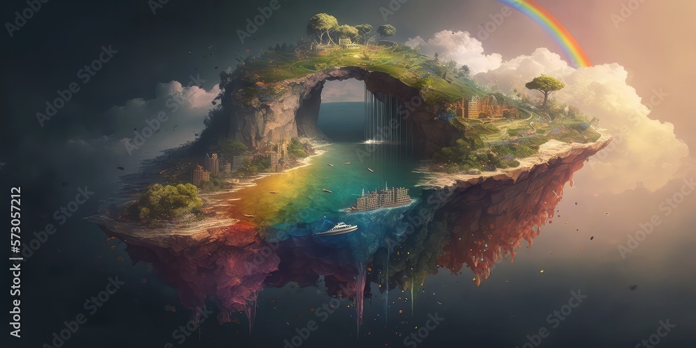 Fantasy Floating Island with Rainbow, generative AI