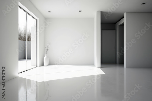 Minimalist white room with cement floor texture, generative ai