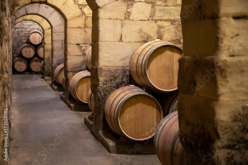 Old french oak wooden barrels in cellars for wine aging process  wine making in La Rioja region  Spain