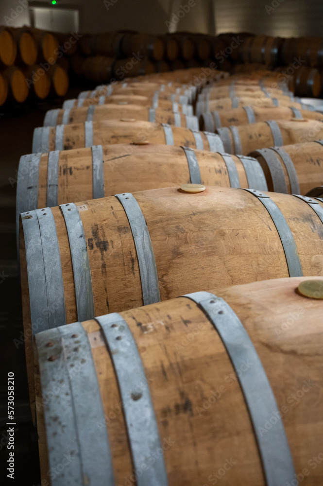 Rows of french and american oak barrels in cellars of winery in Rioja wine making region, Spain Rows of french and american oak barrels in cellars of winery in Rioja wine making region, Spain