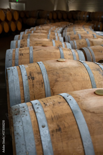 Tableau sur toile Rows of french and american oak barrels in cellars of winery in Rioja wine makin