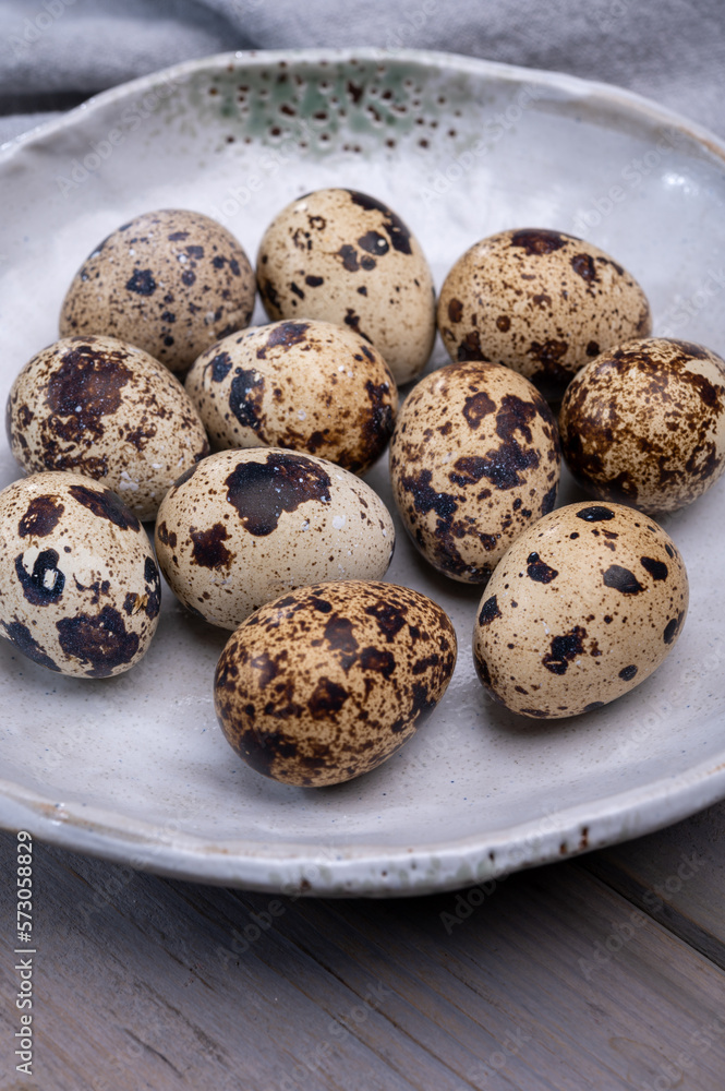 Fresh small spotted partridge or quail bird eggs