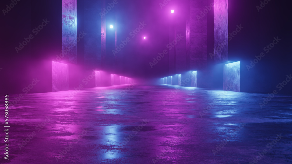 3D Abstract Scene, Futuristic Concept World, Fantastic Flight In Smoke Past The Tall Columns, Retro Neon Style. 3D Background With Elements For Banners, Posters, Templates. Fashion Render Design.
