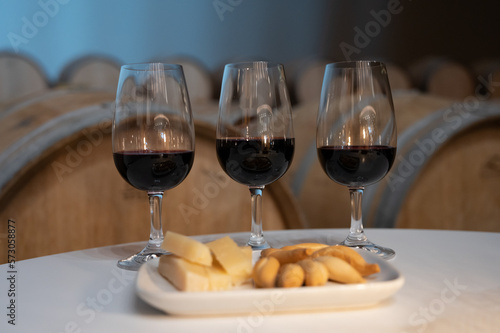 Tasting of rioja wines, visit of winery cellars with french or american oak barrels with agening red wine, Rioja wine making region, Spain