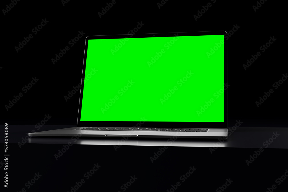 Fototapeta premium 3d render illustration of apple macbook pro mockup ui app website display interface mobile stone wooden stage wood background isolated premium minimalist green screen design