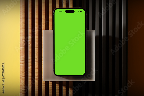 3d render illustration of apple iphone 14 pro mockup ui app display interface mobile marble podium stage white background isolated premium minimalist green screen design