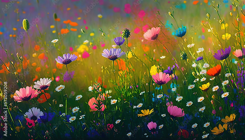 Colorful flower meadow in spring, ai art illustration 