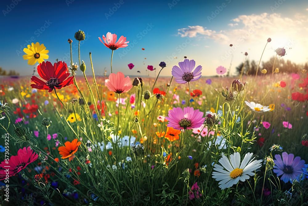 Colorful flower meadow in spring, ai art illustration 