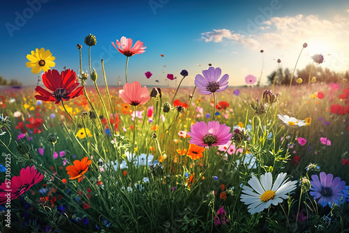 Colorful flower meadow in spring  ai art illustration 