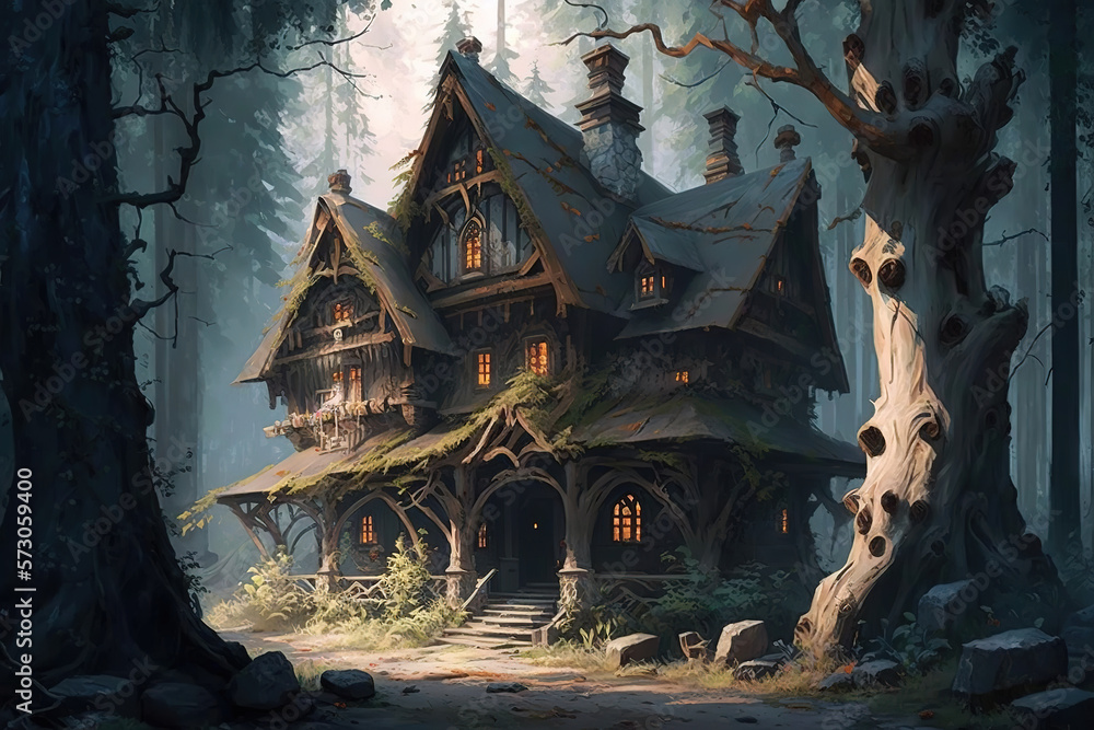 painting of a house in the middle of a forest, fantasy art, fantasy art illustration painting of a house in the middle of a forest, fantasy art, fantasy art illustration