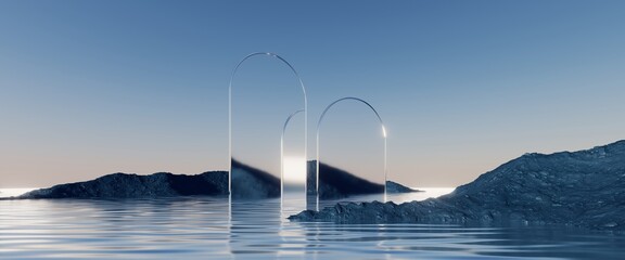3d render, abstract zen seascape background. Nordic surreal scenery with geometric mirror arches, calm water and pastel gradient sky. Futuristic minimalist wallpaper