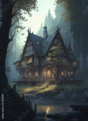 painting of a house in the middle of a forest  fantasy art  fantasy art illustration 