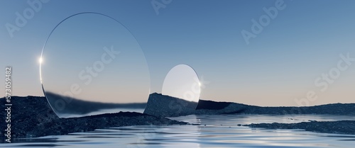 3d rendering, abstract panoramic background, northern seascape, fantastic scenery with calm water, flat geometric mirror arches and plain gradient sky. Aesthetic landscape wallpaper photo