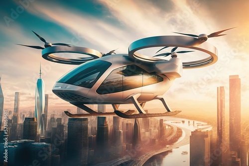 Foto Future of urban air mobility, city air taxi, UAM urban air mobility, Public aerial transportation, Passenger Autonomous Aerial Vehicle AAV in futuristic city