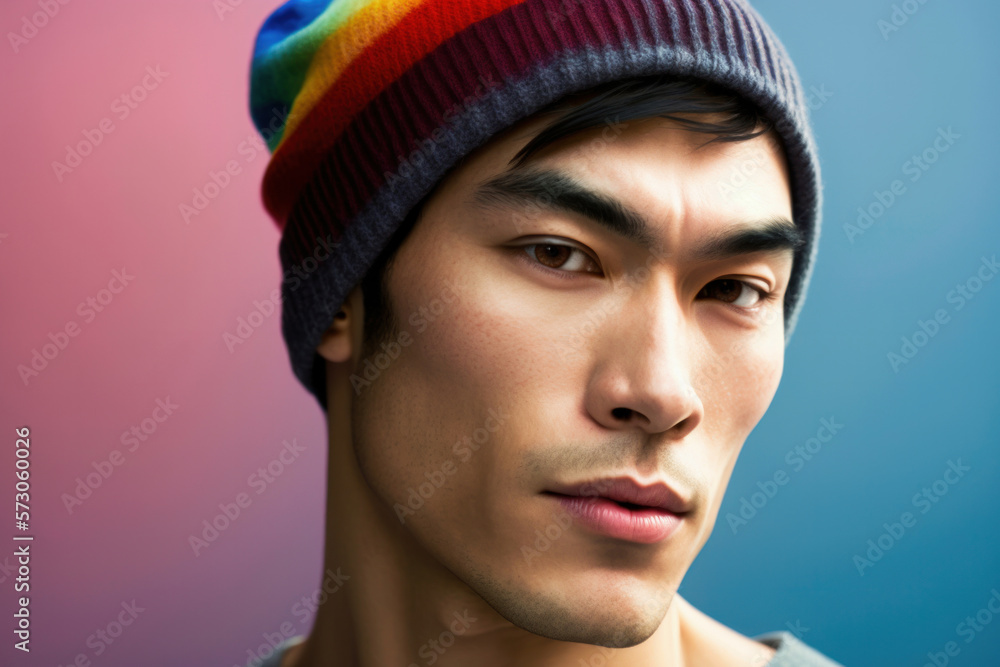 Attractive man wearing rainbow beanie cap, Generative Ai Attractive man wearing rainbow beanie cap, Generative Ai
