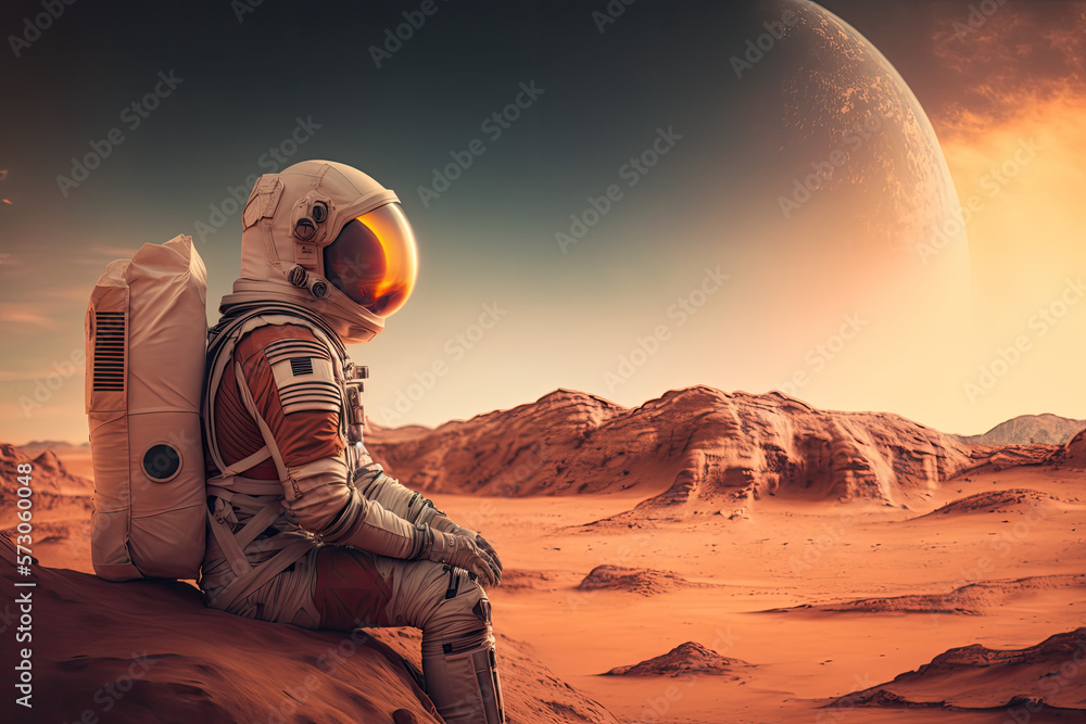 Shot of the Astronaut on Red Planet Looking Toward His Base/Research Station. Near Future First Manned Mission To Mars, Technological made with generative ai - obrazy, fototapety, plakaty 