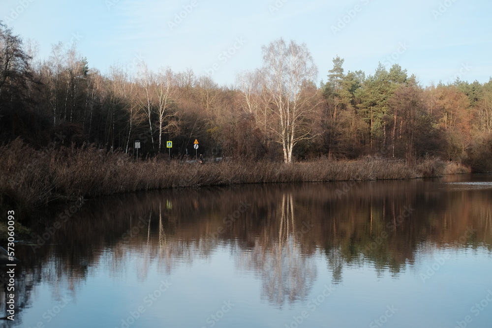 Autumn weather. Lake and trees in the forest Autumn weather. Lake and trees in the forest
