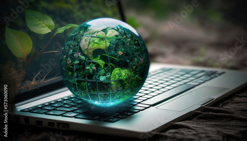 Technology with the concept of nature. Laptop keyboard with green globe. Efficient technology. Digital sustainability. Environmentally friendly technology, sustainable development goals generated AI. photo